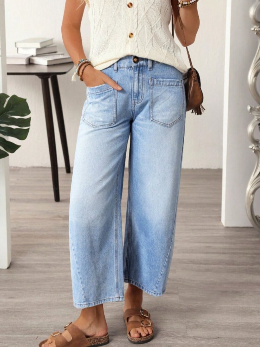 Women Cotton Wide Leg Jeans Loose Fit Patch Pocket Casual Street Blue Denim